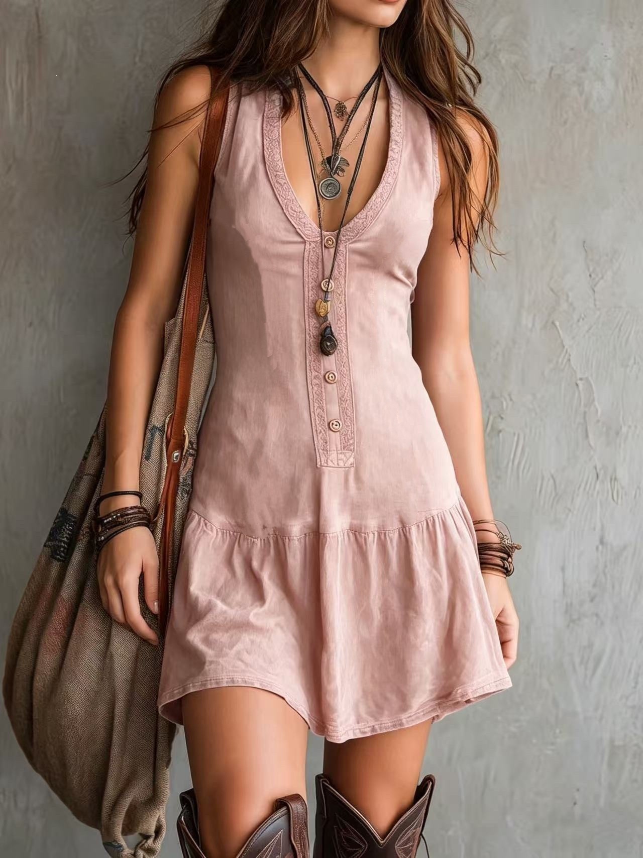 Women's Sleeveless U-Neck Button-Trim Short Dress