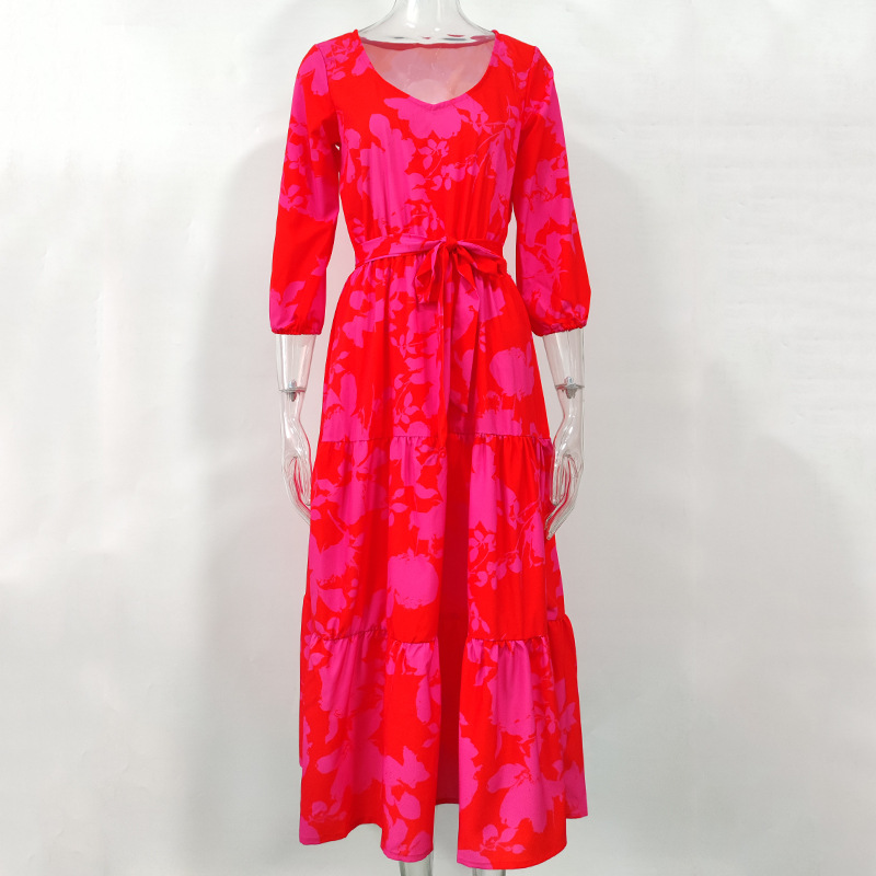 V-Neck Floral Print A-Line Maxi Dress