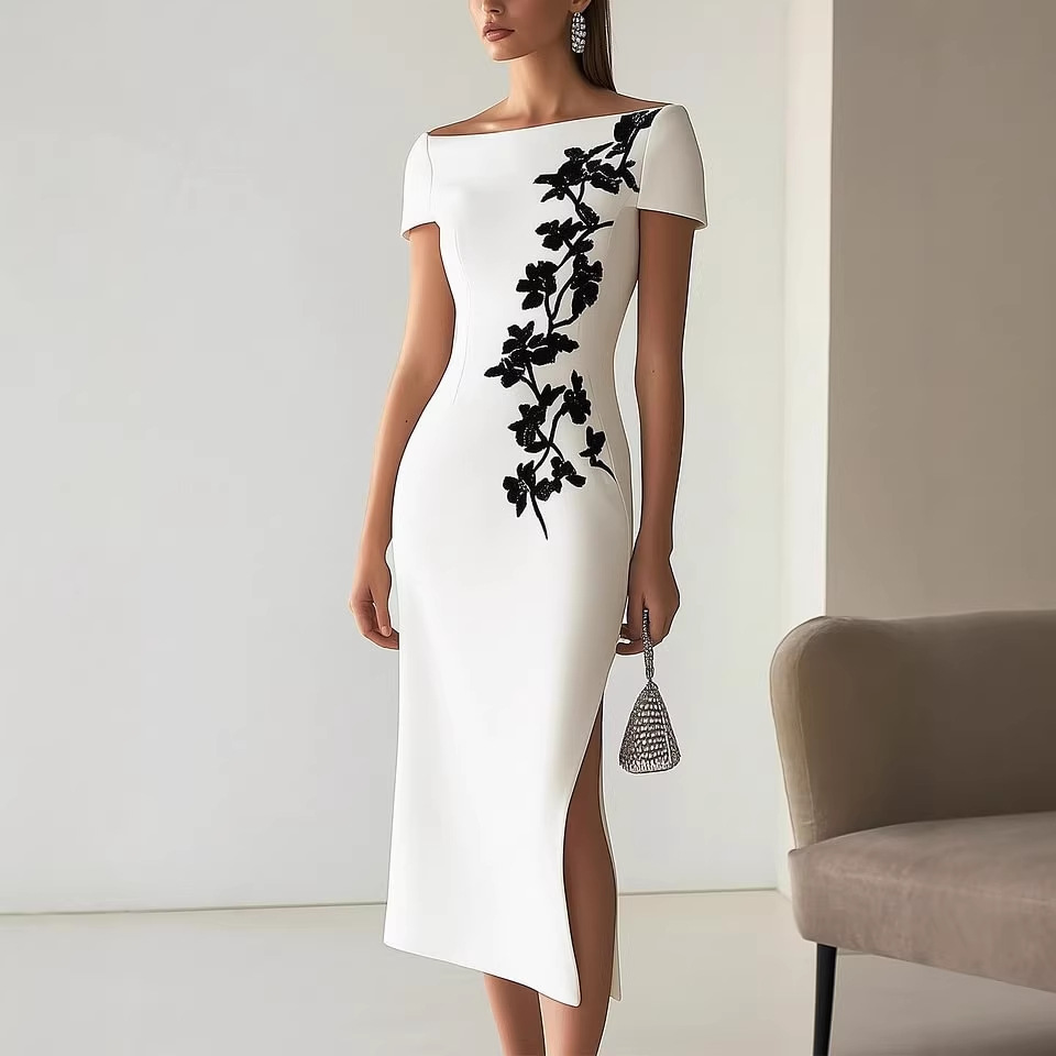 Women's Off-Shoulder Short Sleeve Digital Print Bodycon Midi Dress