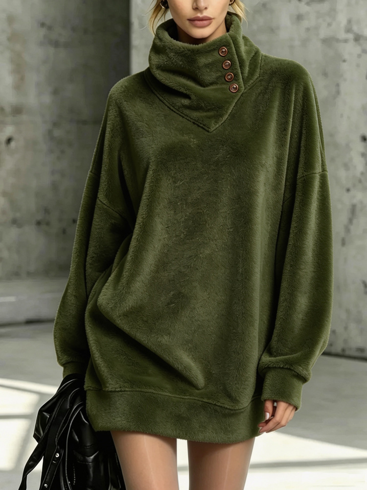 American Retro Button-Front Fleece Hoodie Women's Loose Mid-Length