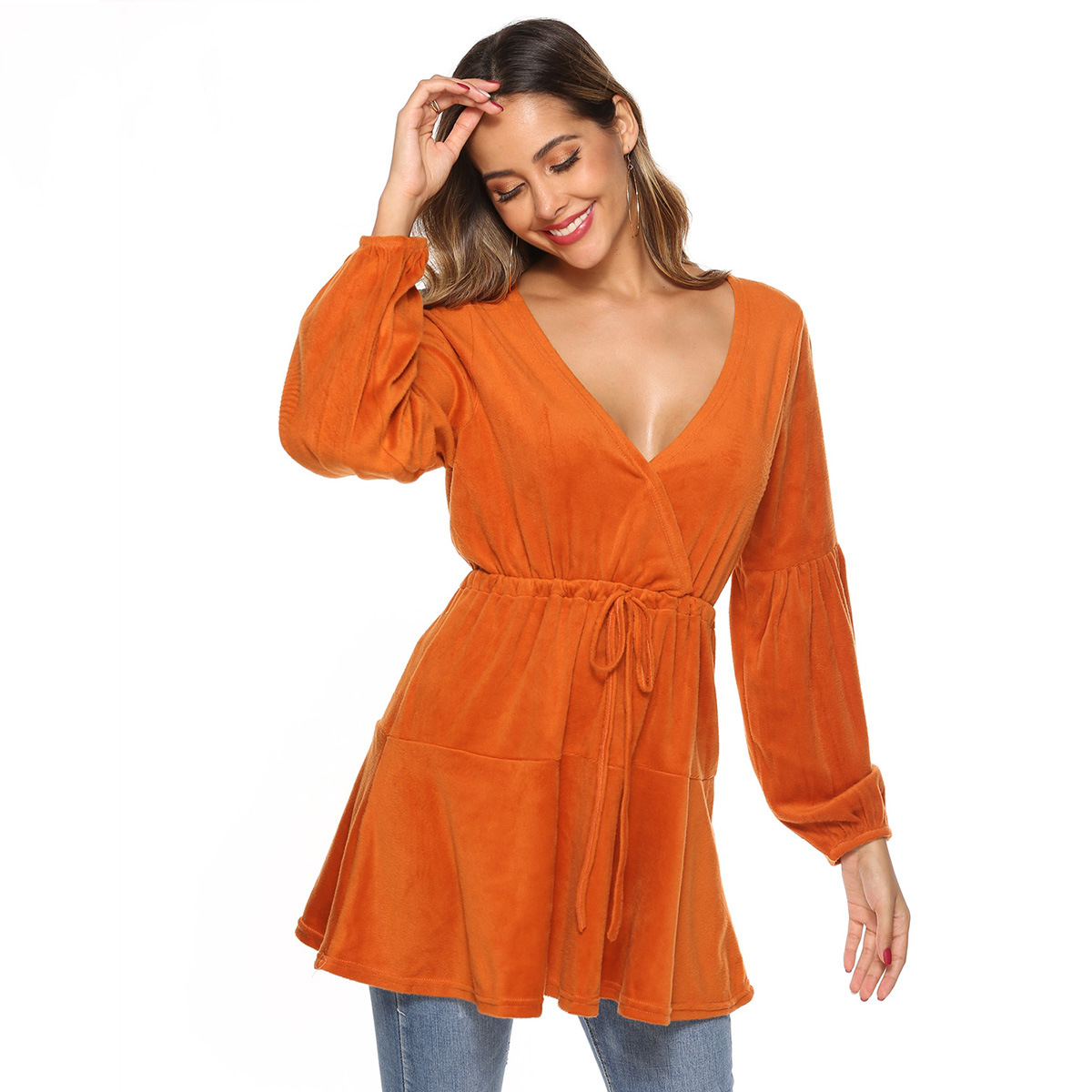 Cross V-Neck Lace-Up Waist Fuzzy Knit Dress with Long Sleeve Cardigan