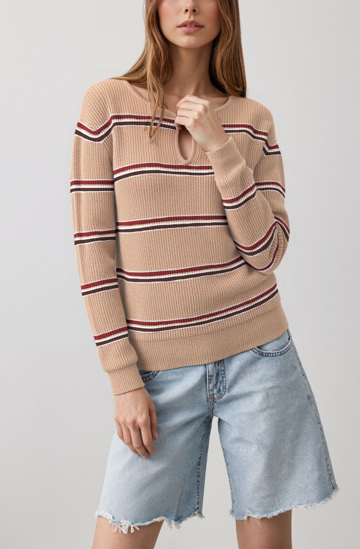 Women's Striped Crewneck Knit Sweater Slim Fit Long Sleeve Pullover