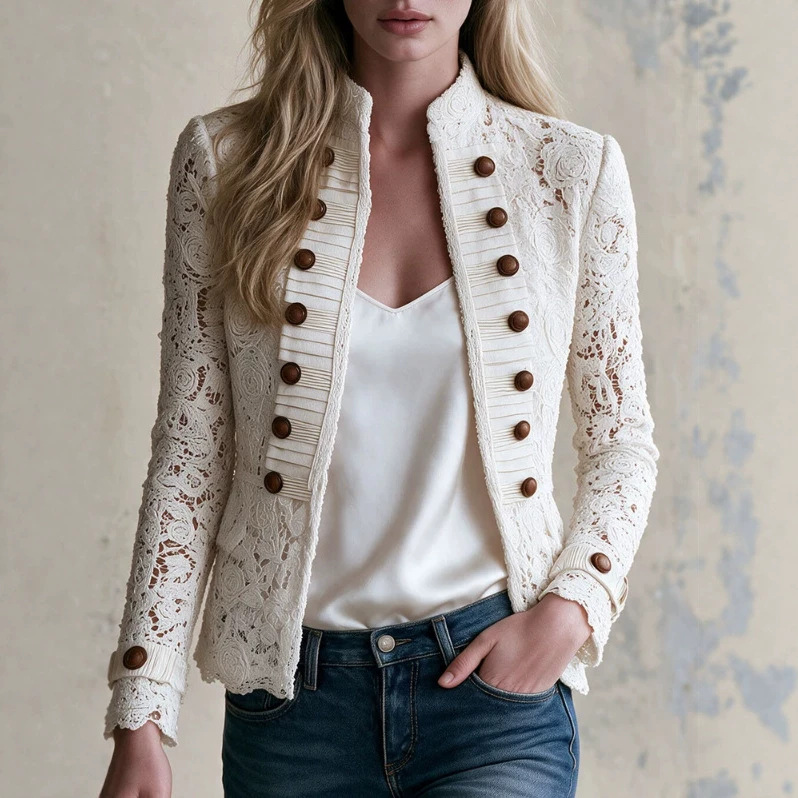 Retro White Lace Double-Breasted Jacket with Stand Collar