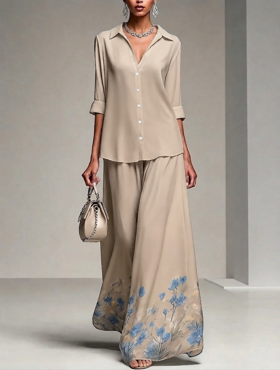 Floral Print Shirt and A-Line Midi Skirt Set with Collar and 3/4 Sleeves