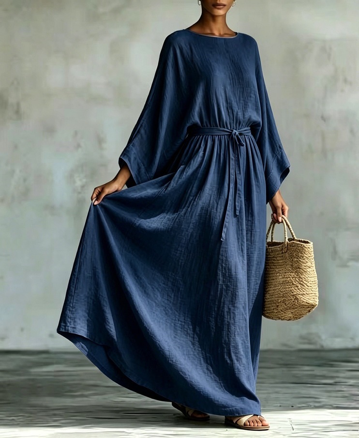 Lazy Style Cotton-Linen Tie-Waist Wide-Sleeve Maxi Dress