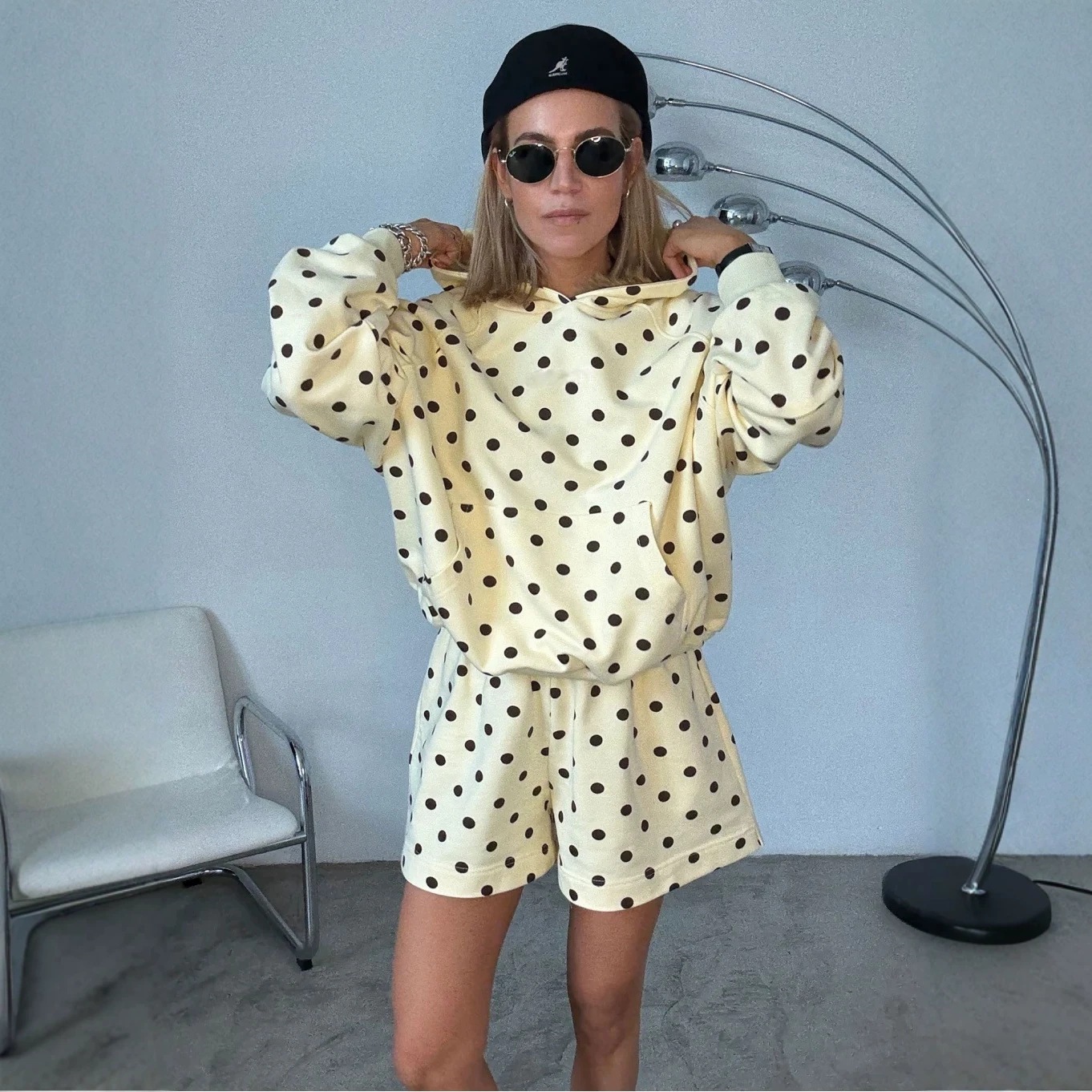Retro Polka Dot Hoodie and Wide-Leg Shorts Set with Kangaroo Pocket