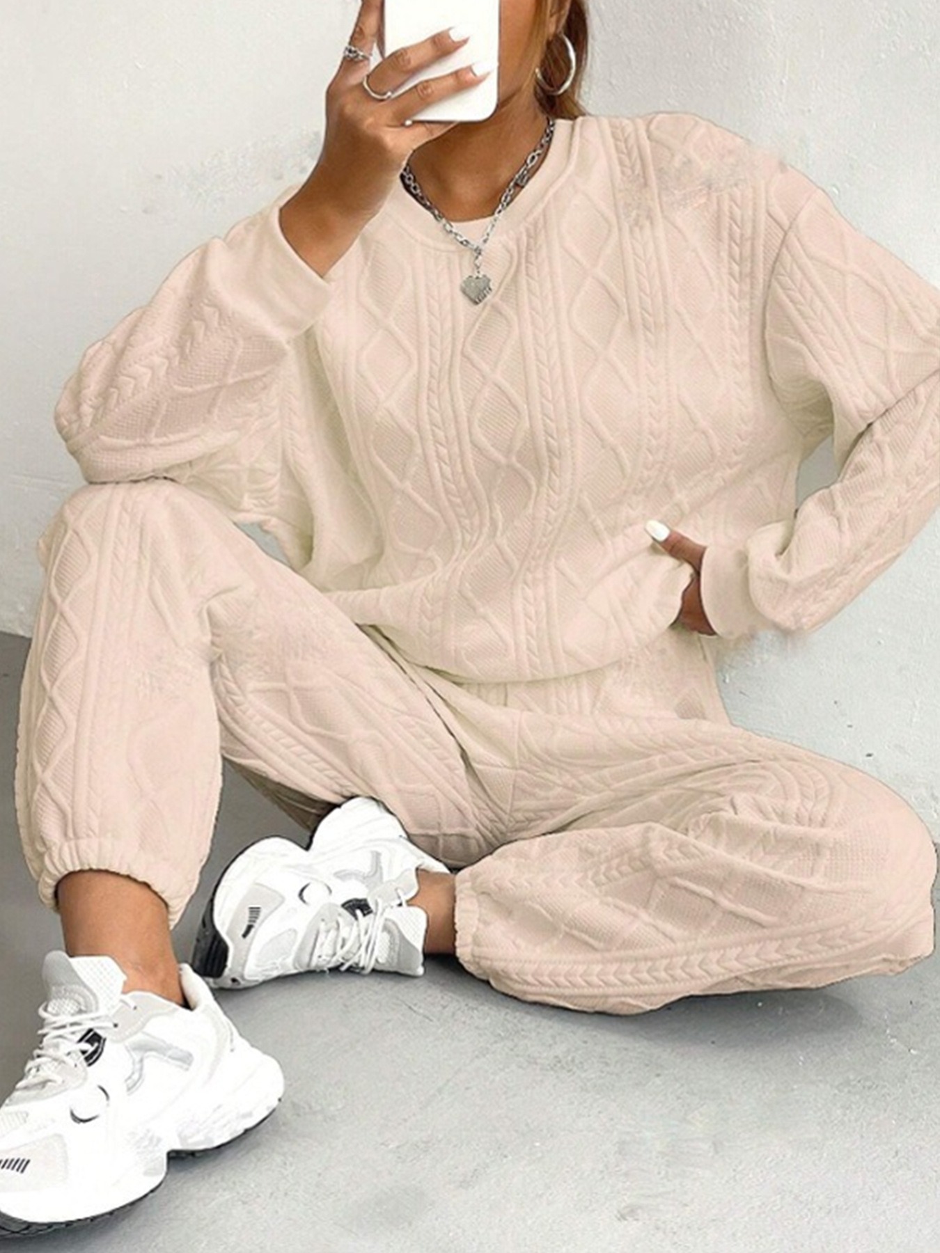 Women's Cable Knit Patchwork Long Sleeve Round Neck Top and Jogger Pants Two-Piece Set