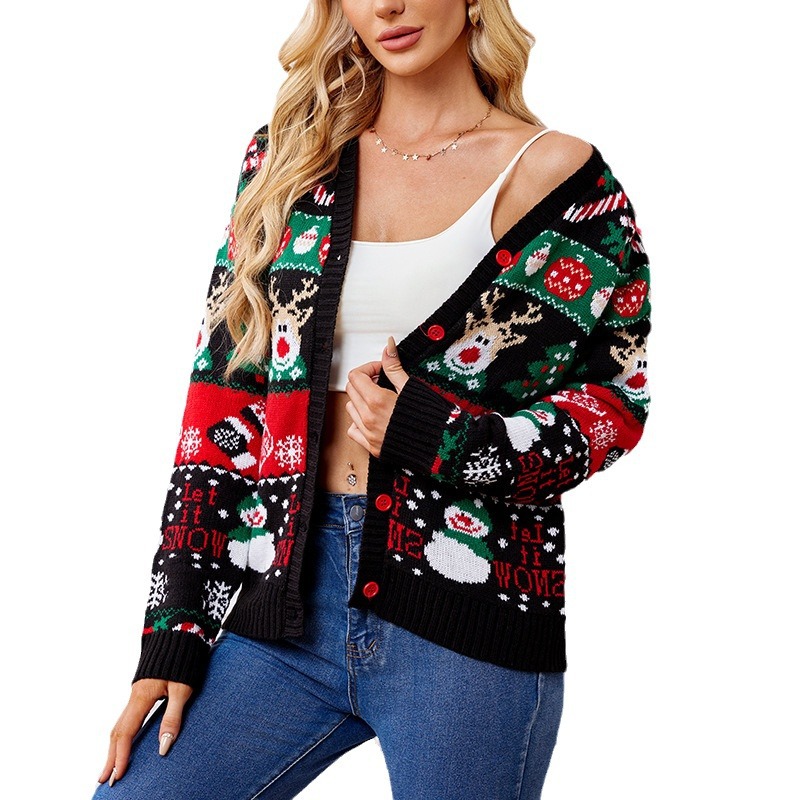 Women's Loose Knit Cardigan Sweater Coat Long Sleeve Christmas Crew Neck