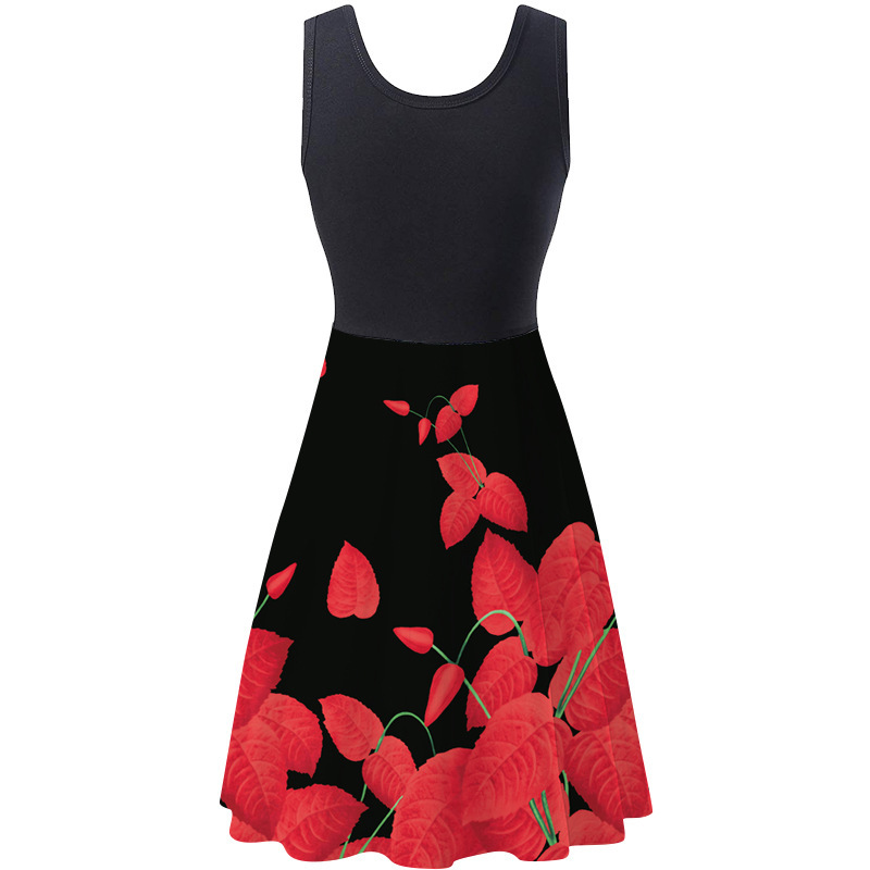 Women's Sleeveless Round Neck Digital Print Midi Dress