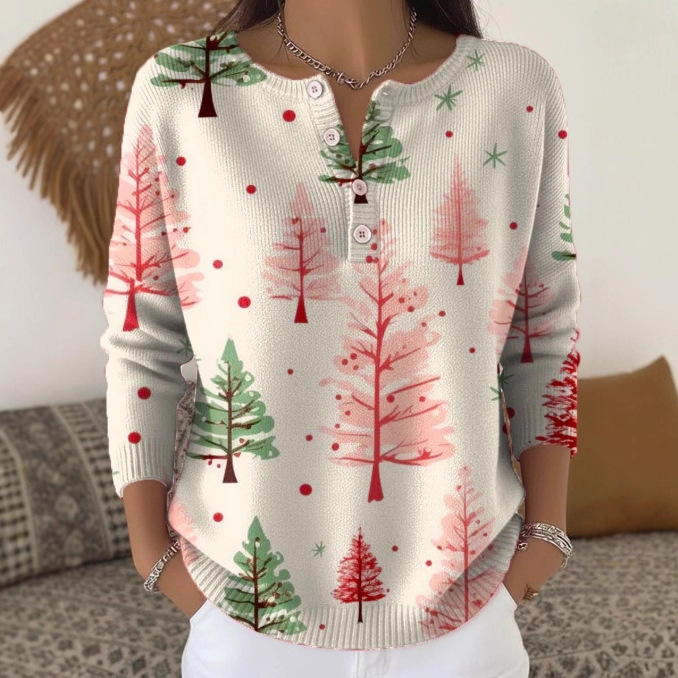 Women's Christmas Dinosaur Forest Print Button Sweatshirt