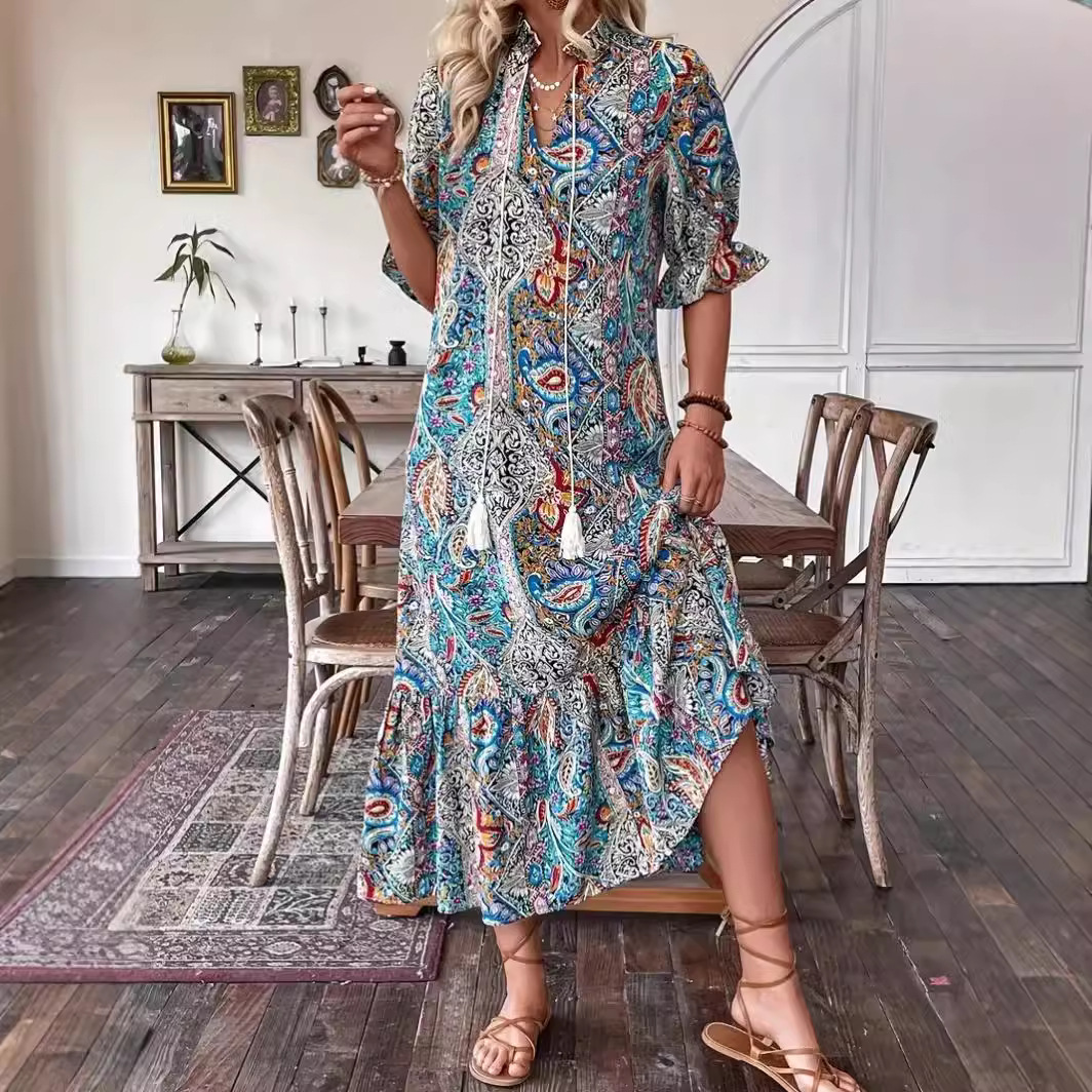Women's Floral Print Tie-Neck Midi Dress with Ruffle Hem