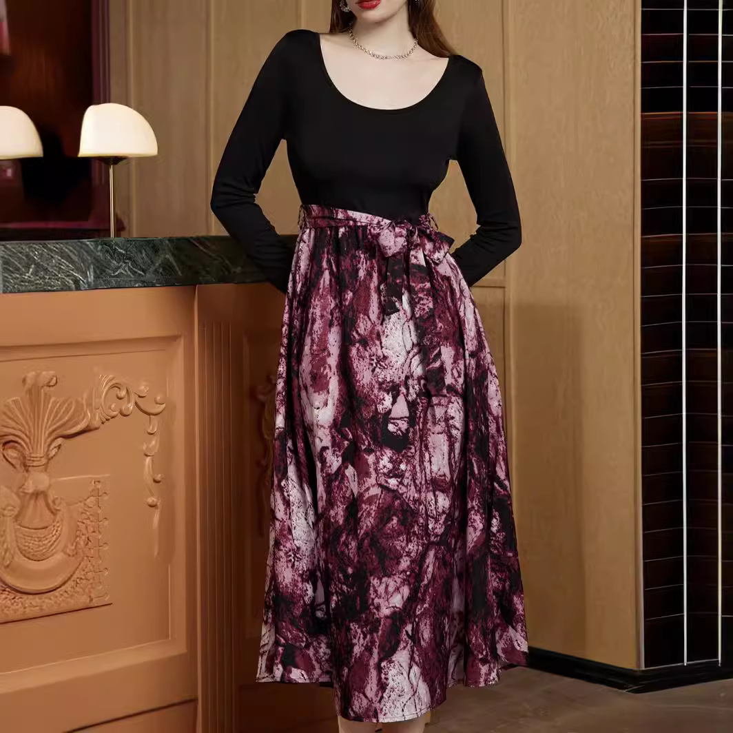 Women's Long Sleeve Floral Print Patchwork Dress