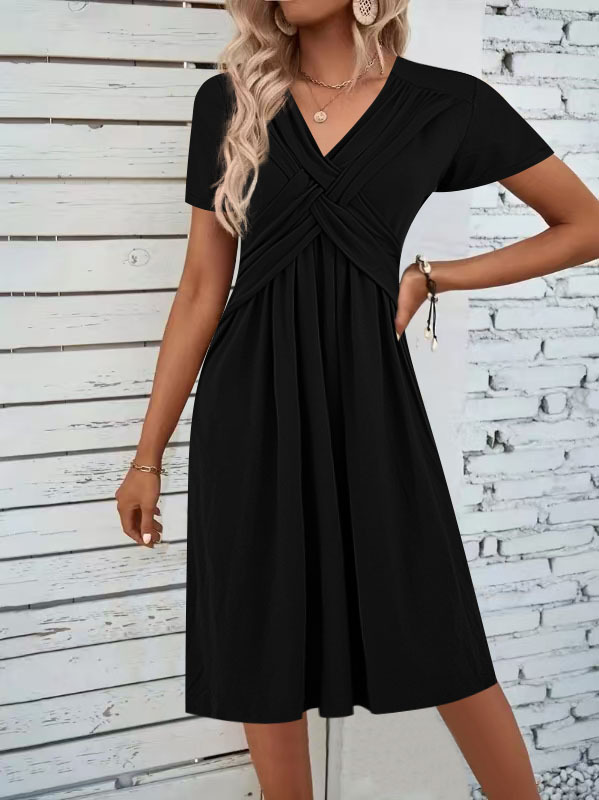 Women's Summer Short Sleeve Midi Dress Cross Pleated V-Neck A-Line