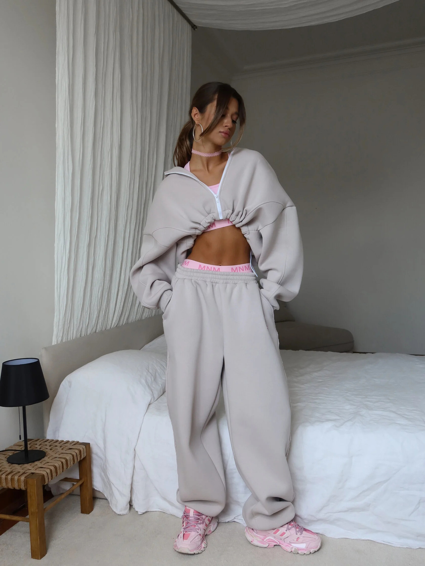 Women's Solid Color Zip-Up Hoodie and Wide-Leg Pants Two-Piece Set