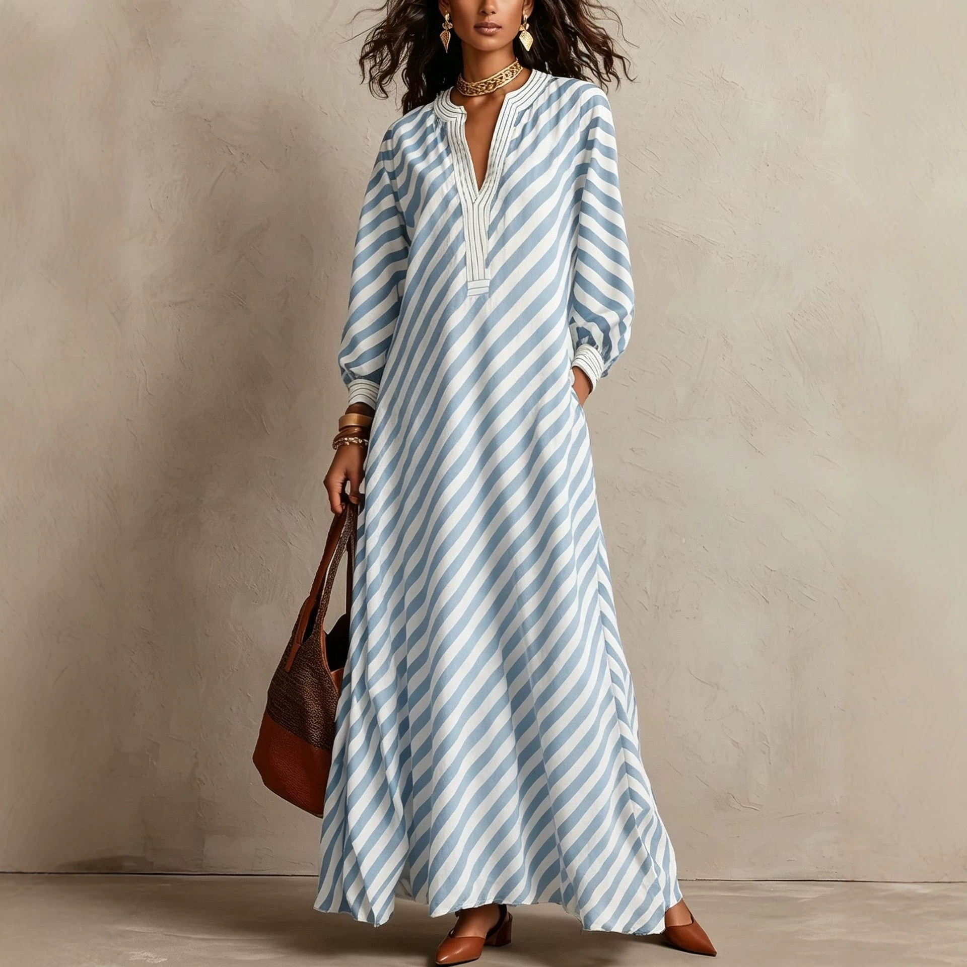 V-Neck Striped Loose Long Dress