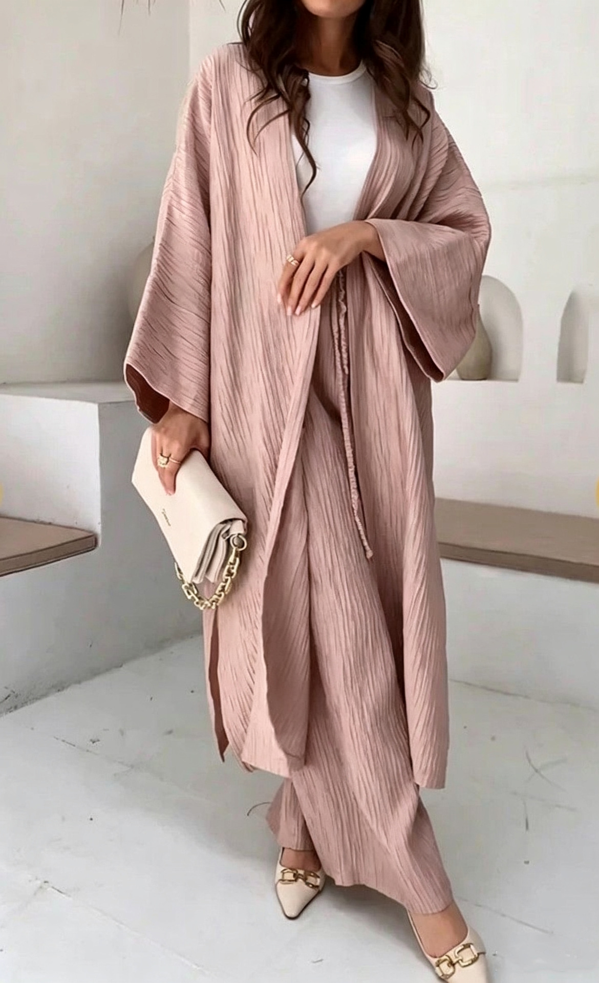 Minimalist Crinkle Textured Two-Piece Set with Long Kimono Sleeve Cardigan and High-Waist Wide-Leg Pants