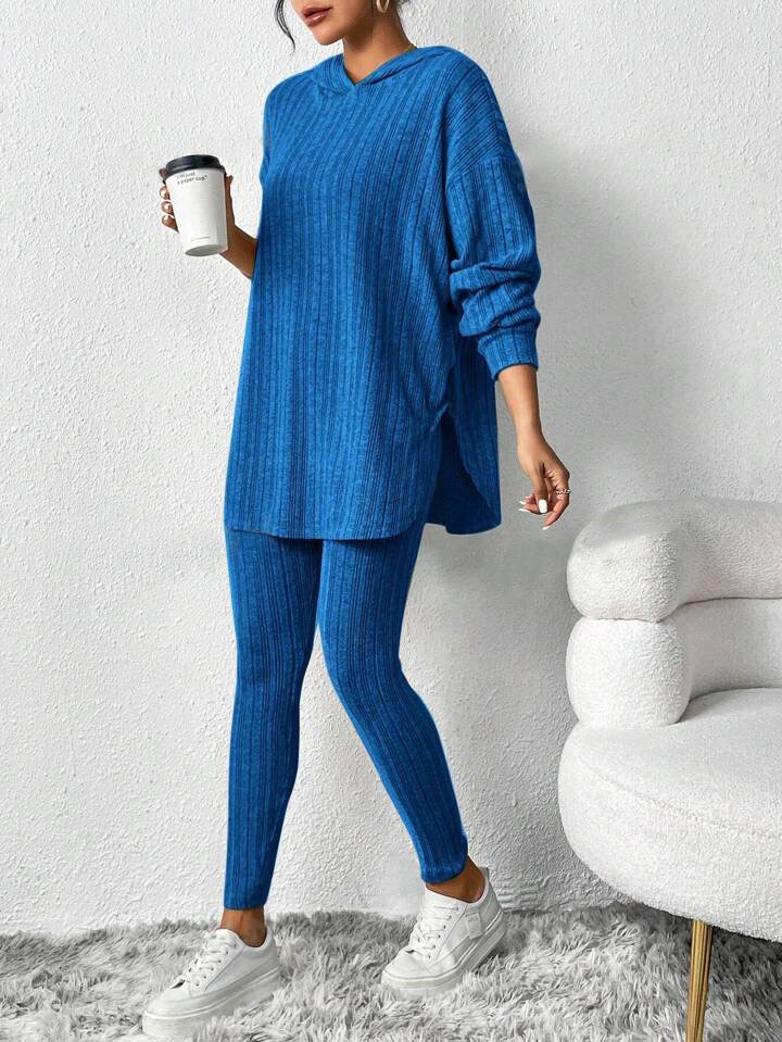 Ribbed Knit Hooded Long Sleeve Lounge Set
