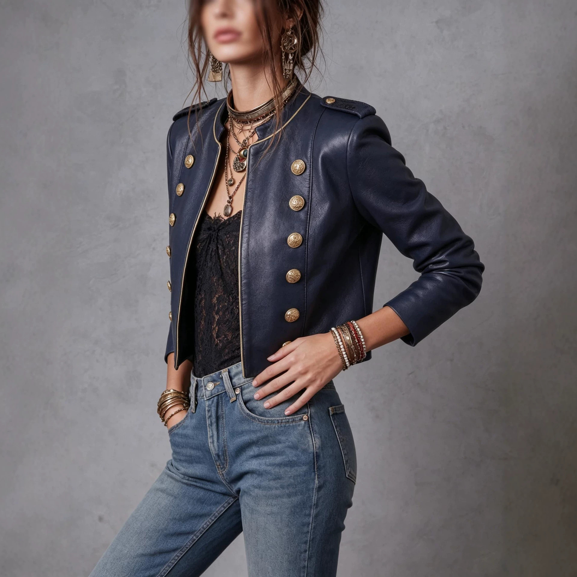 Vintage Court-Style Napoleon Double-Breasted PU Leather Cropped Jacket