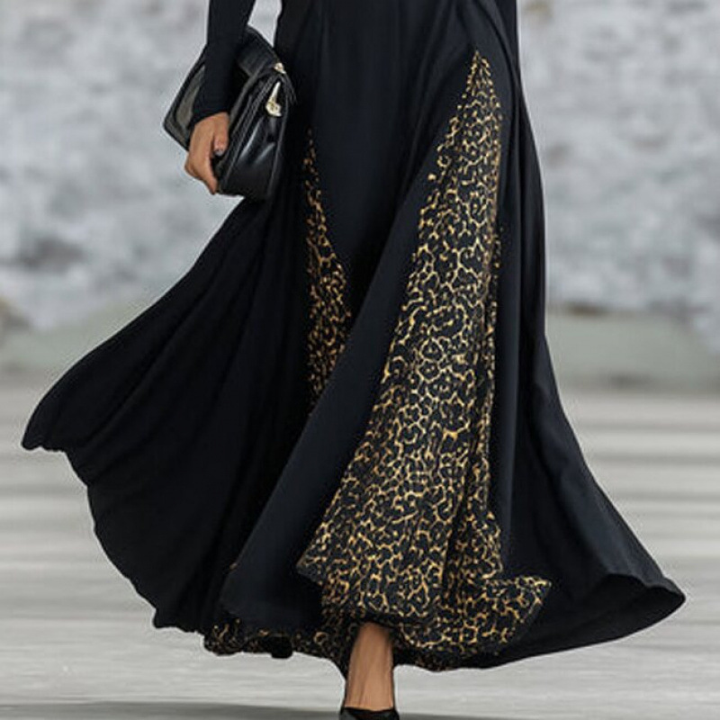Black Leopard Print Long Sleeve Patchwork Dress