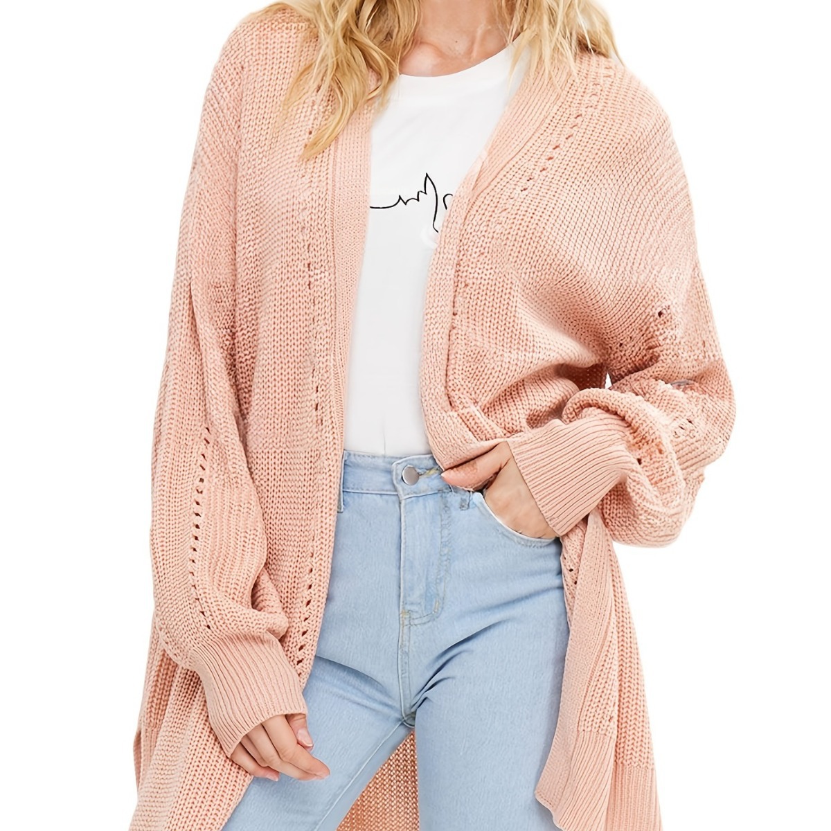 Women's Open Knit Cardigan Long Sleeve Loose Longline Solid Color