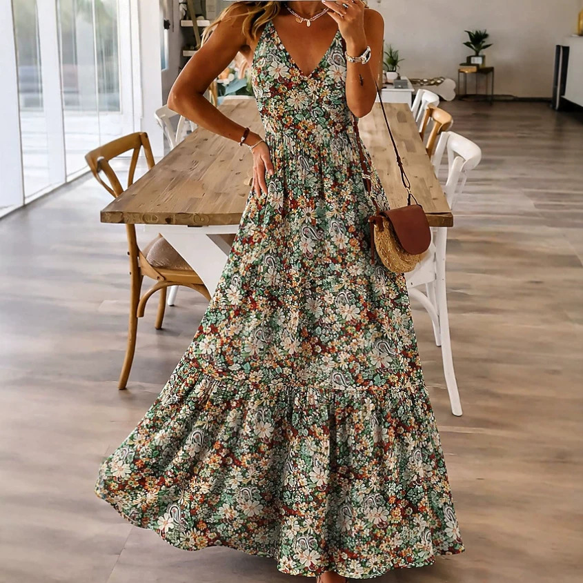 Elegant Floral V-Neck Sleeveless Midi Dress