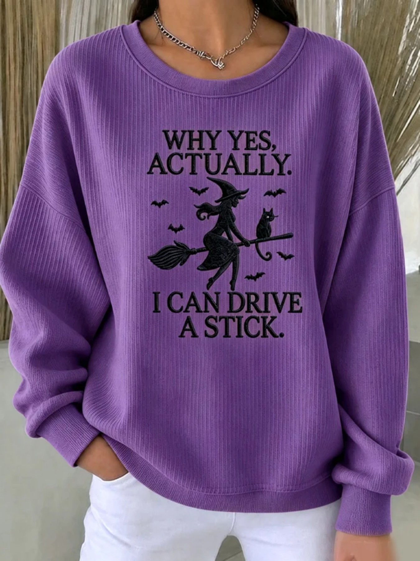 Halloween Witch Broom Print Crewneck Long-Sleeve Pullover Sweatshirt