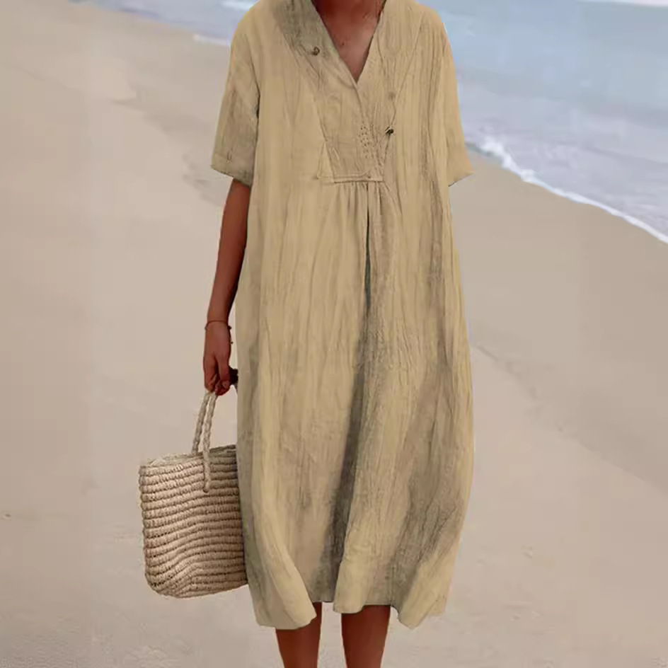 Women's Solid Cotton-Linen Casual Slimming Dress