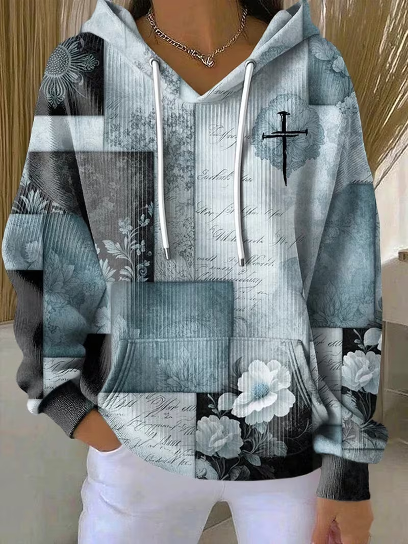 Women's Cross Colorblock Print Casual Hoodie