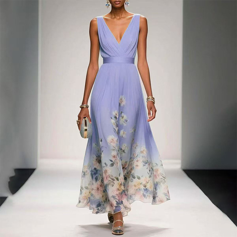 Women's Botanical Print V-Neck Sleeveless A-Line Maxi Dress