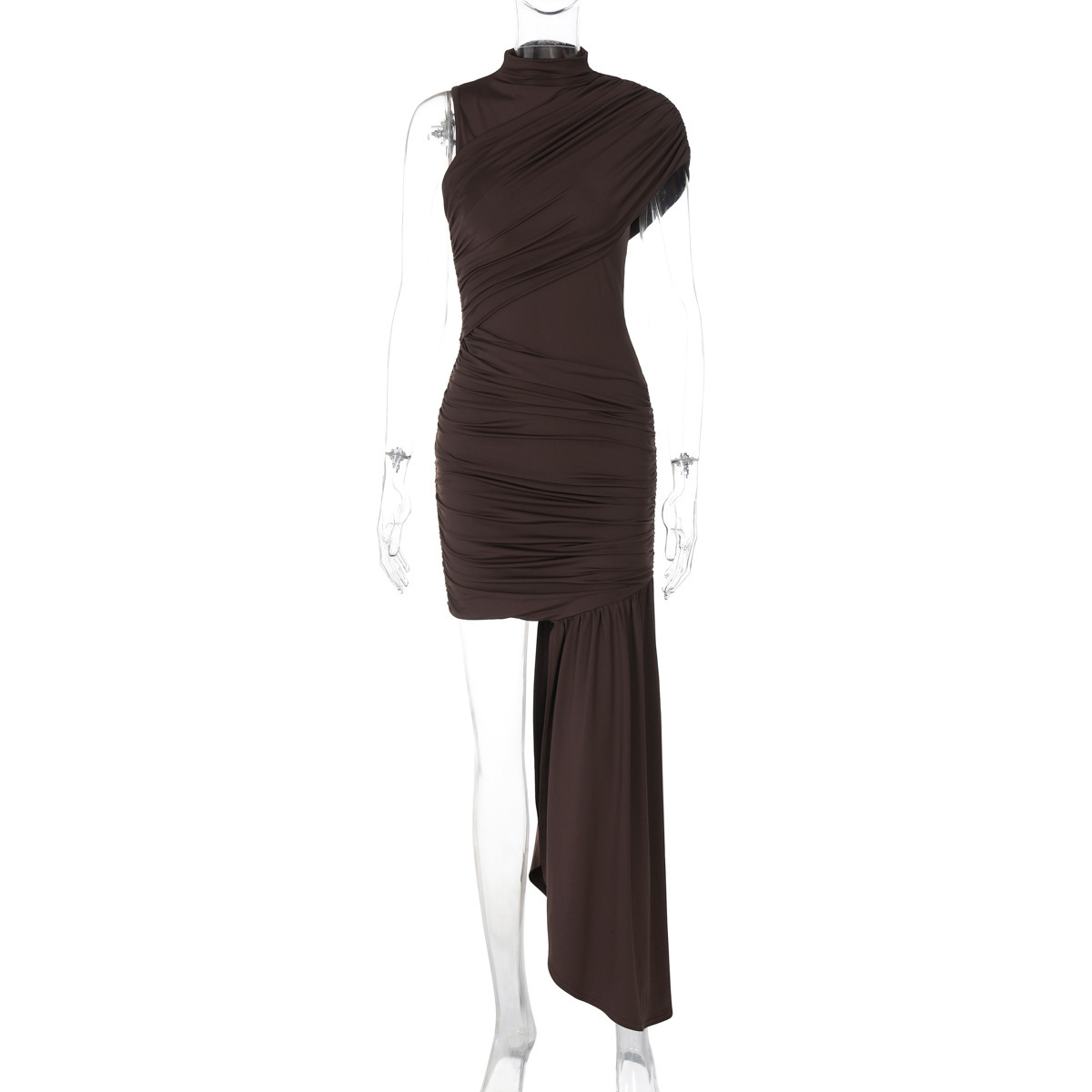 Women's Slim Fit Ruched Bodycon Sleeveless Dress with Round Neck