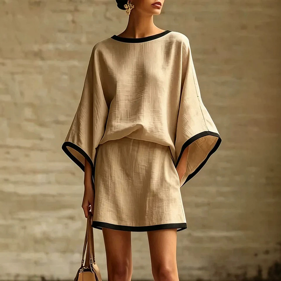 Women's Cotton-Linen Batwing Sleeve Top and Skirt Two-Piece Set
