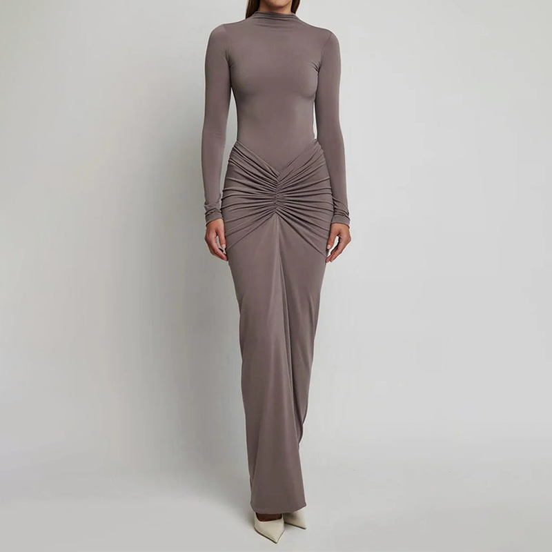 Women's Elegant Solid Pleated Slim Long Dress
