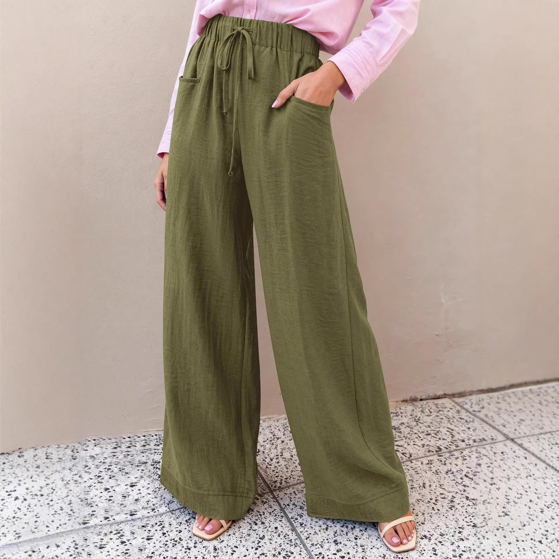 Women's High-Waist Wide-Leg Drawstring Pants Casual Solid Color