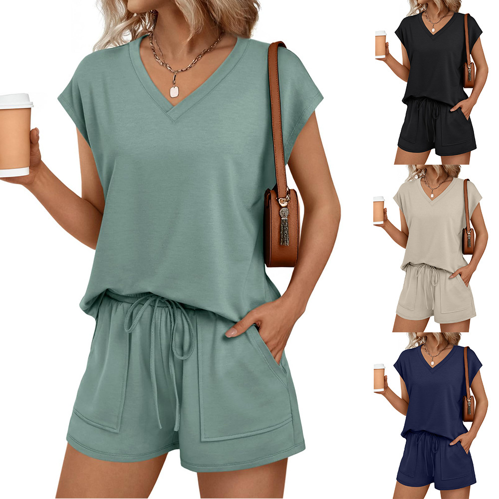 V-Neck Short Sleeve Tee and Shorts Two-Piece Set