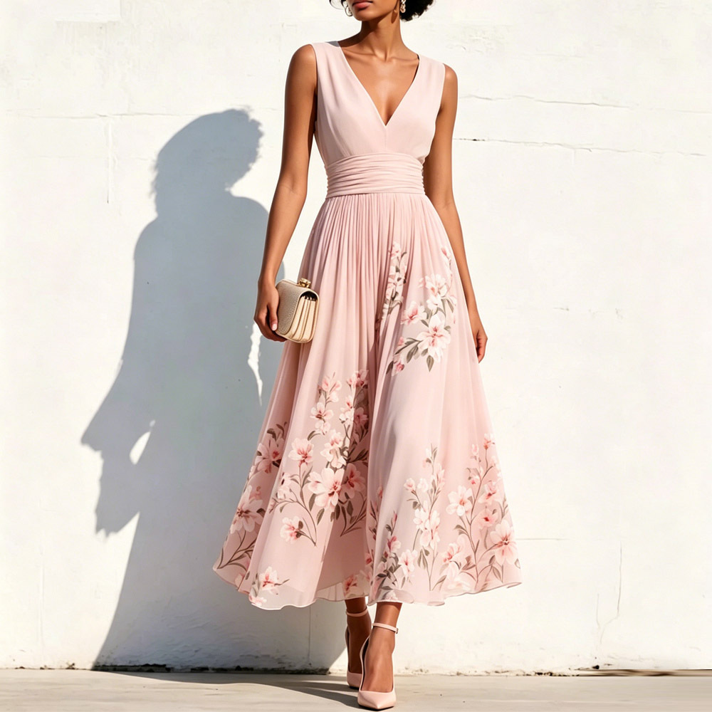 Floral Print Sleeveless V-Neck Pleated A-Line Maxi Dress