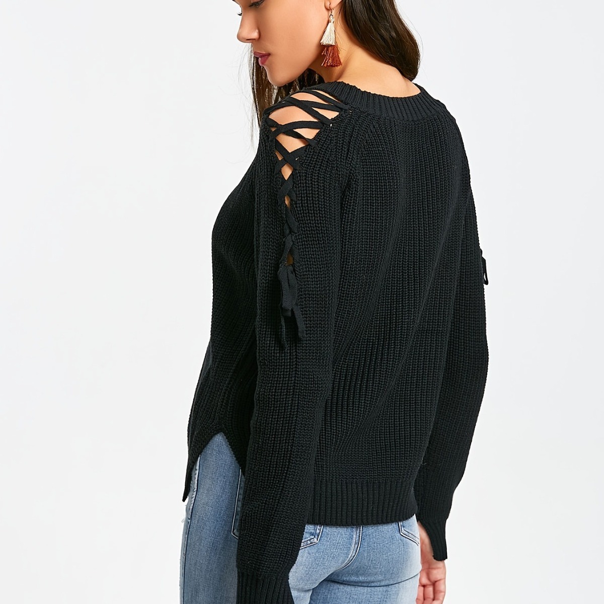 Women's Hollow-Out Knit Sweater V-Neck Lace-Up Long Sleeve Pullover