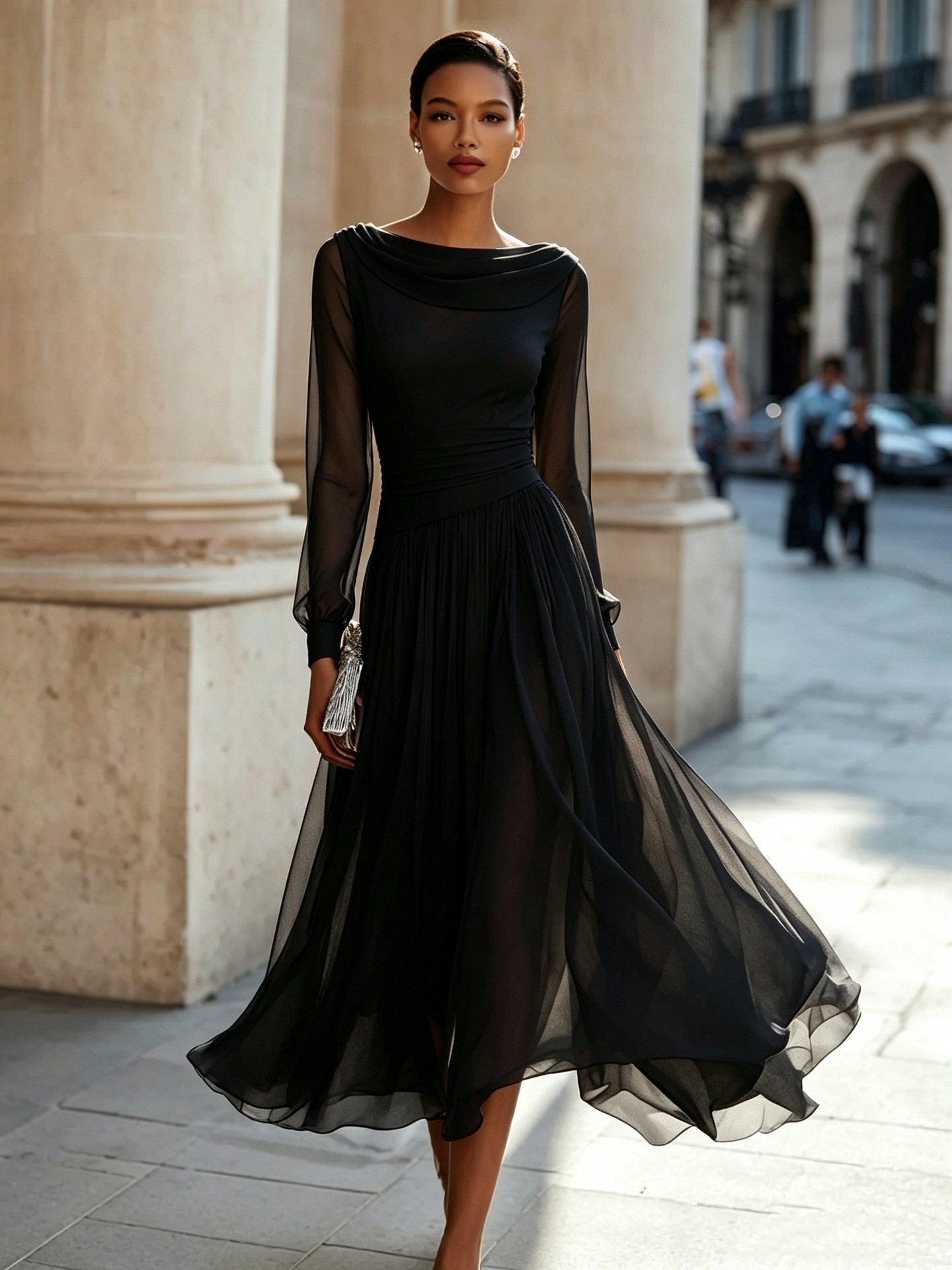Elegant Cowl Neck Long Sleeve Midi Dress