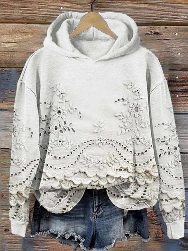 Women's Floral Print Hooded Sweatshirt Solid Color Pullover