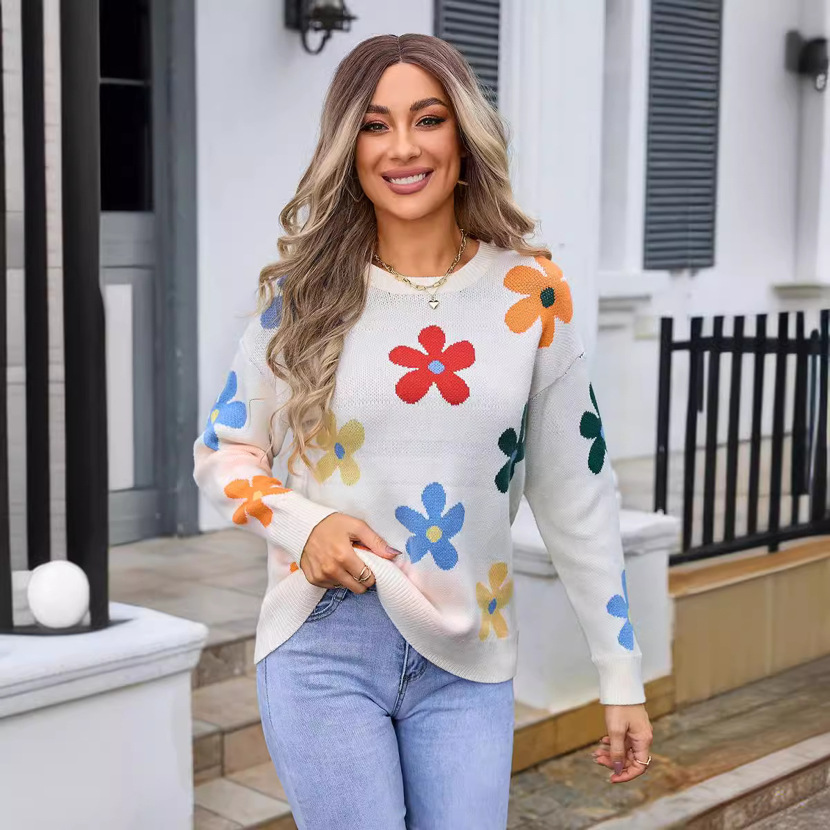 Floral Jacquard Knit Sweater Women's Pullover Round Neck Long Sleeve