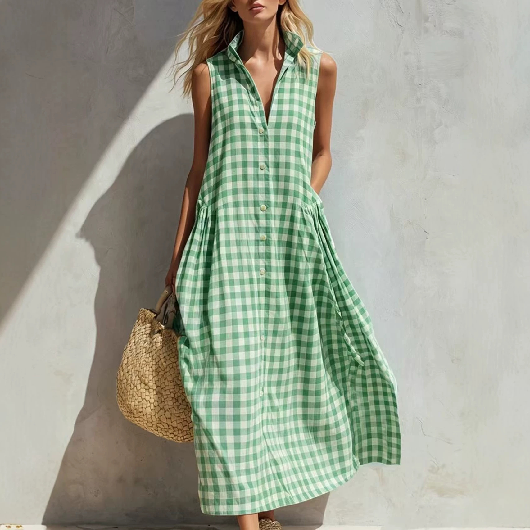 Women's Summer Sleeveless Plaid A-Line Midi Dress Loose Fit