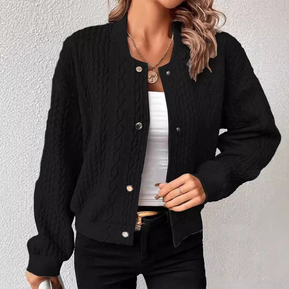 Women's Casual Jacquard Stand Collar Single-Breasted Bomber Jacket