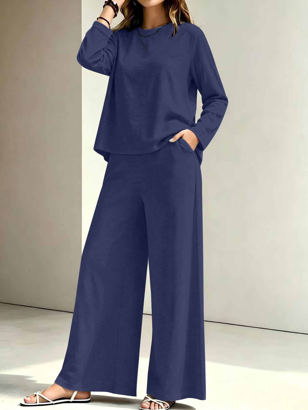 Women's Two-Piece Set Crewneck Long-Sleeve Top & Wide-Leg Pants Solid Color Casual