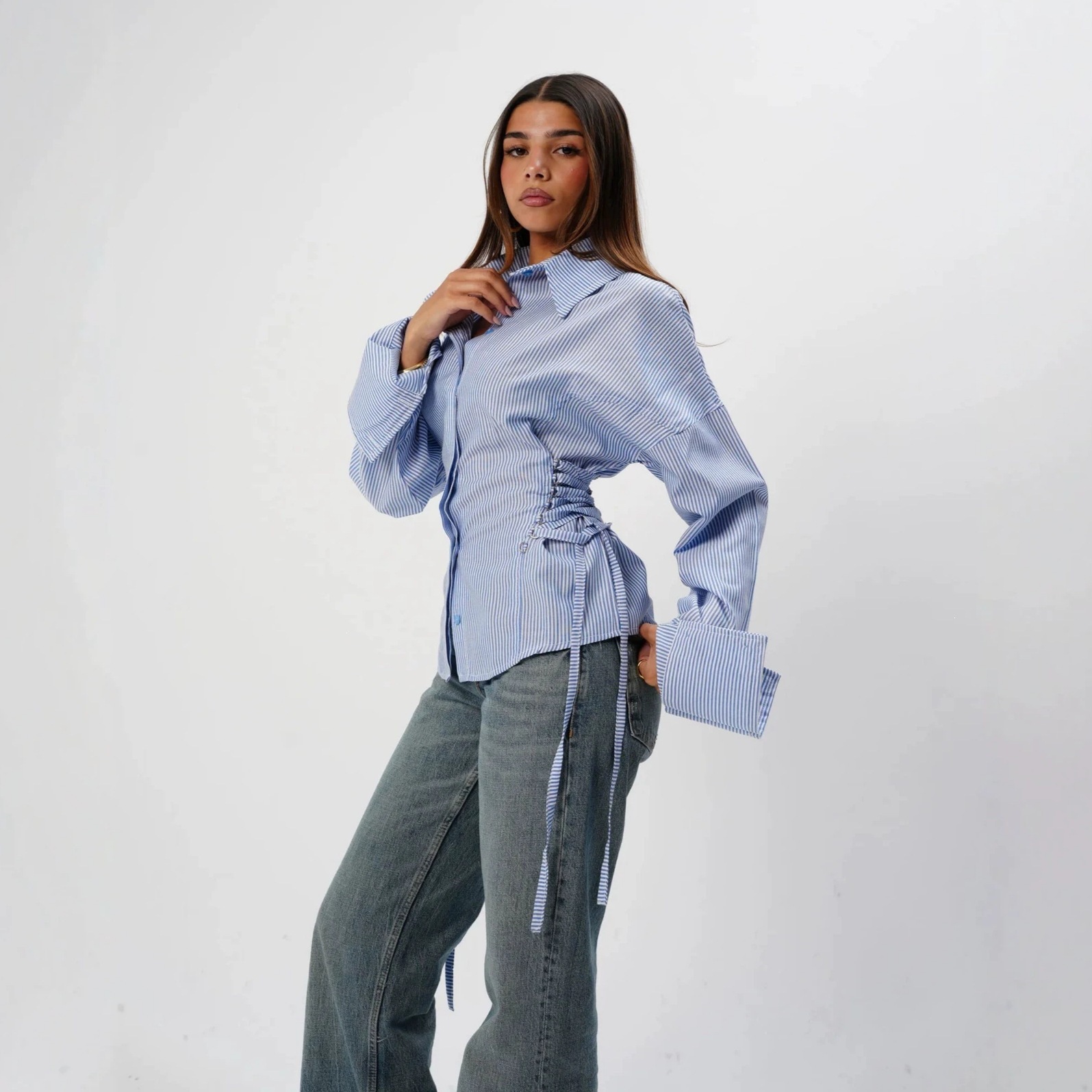 Women's Spring Summer Casual Button-Up Shirt with Side Waist Tie