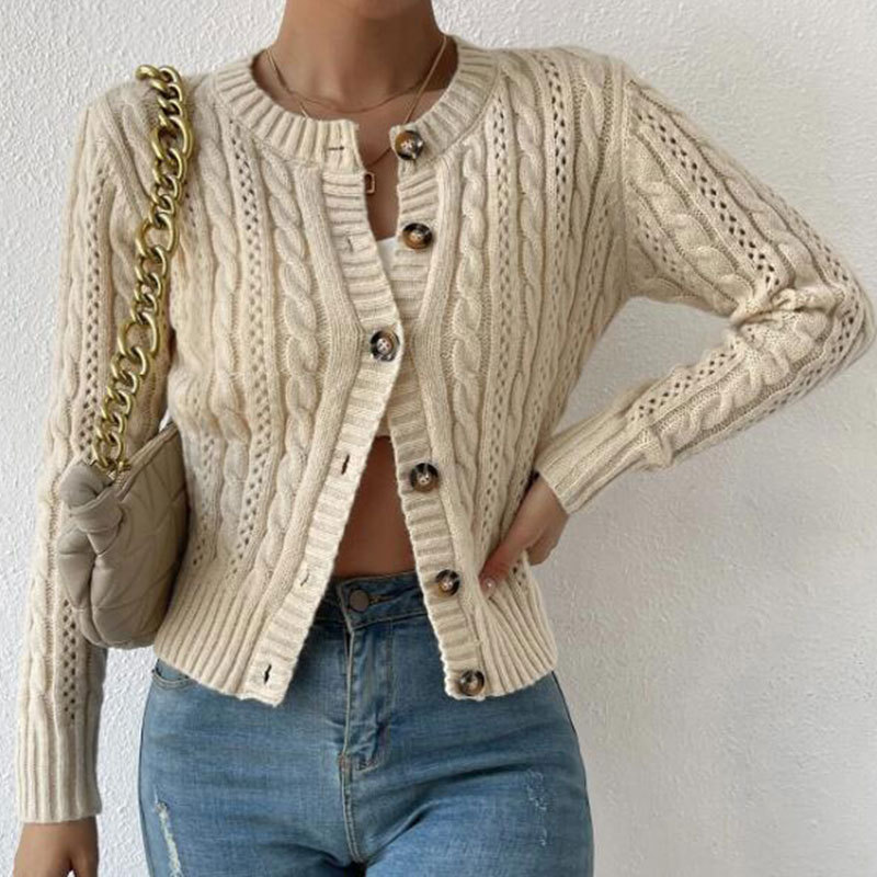 Women's Cable-Knit Button-Front Cardigan Sweater Long Sleeve Crew Neck