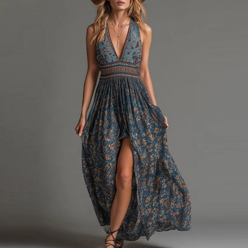 Bohemian Sleeveless Floral Print Deep V-Neck Slit A-Line Maxi Dress