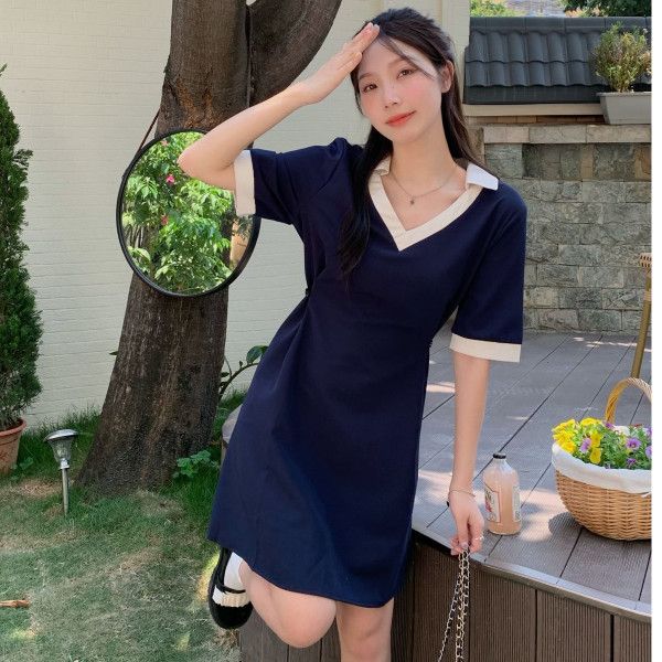 Plus Size Women's French Style A-Line Dress V-Neck Short Sleeve Midi