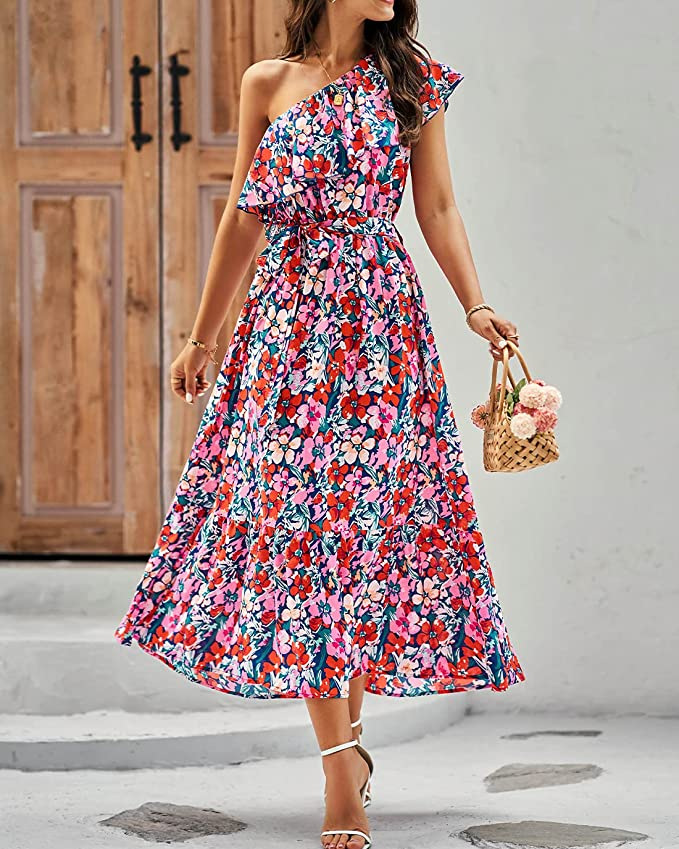 Women's One-Shoulder Sleeveless Boho Floral Print A-Line Maxi Dress