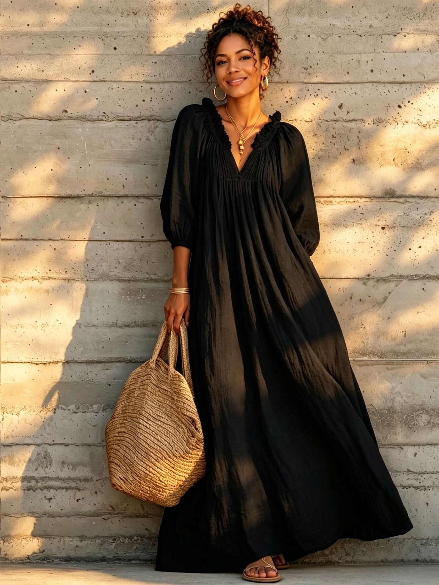 V-Neck Lantern Sleeve Boho Maxi Dress