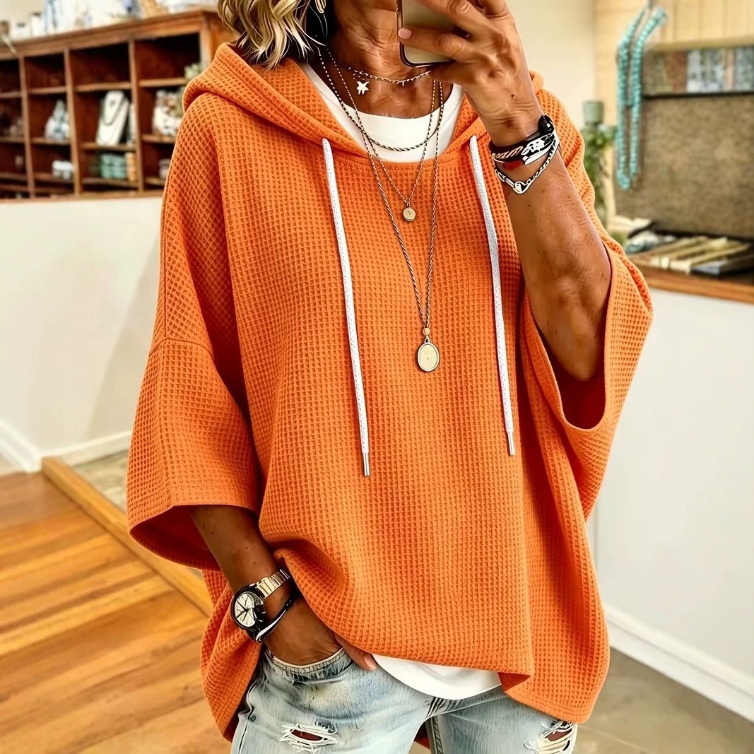 Women's Waffle Knit Hooded Drawstring Sweatshirt Loose Fit