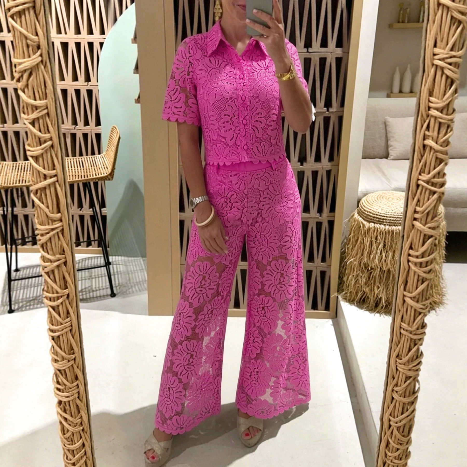 Women's Lace Crochet Short Sleeve Collared High Waist Pants Set